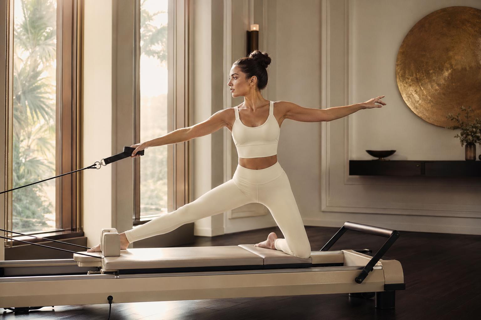 Elegant Pilates practice on a reformer in a warm-lit luxury studio
